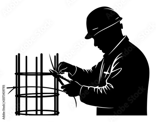 Schilderij op canvas Professional steel fixer tying rebar for concrete reinforcement silhouette, cons