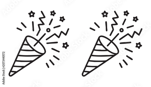 Photos Confetti popper line icon with stars and dashes, party popper vector illustration