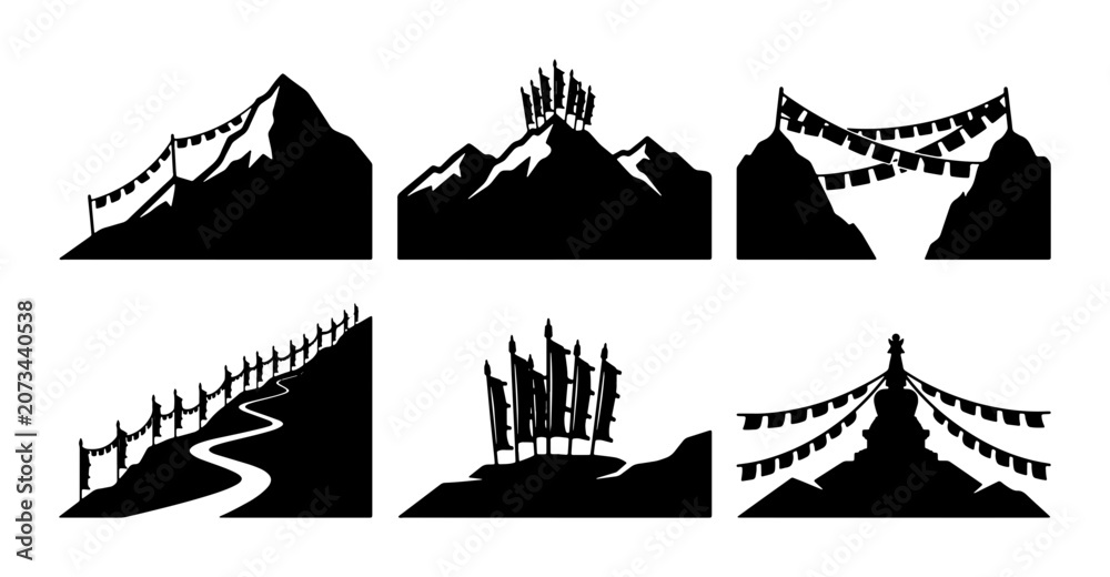 Obraz premium Mountain Landscapes, Prayer Flags, Stupas, Vector Icons Set