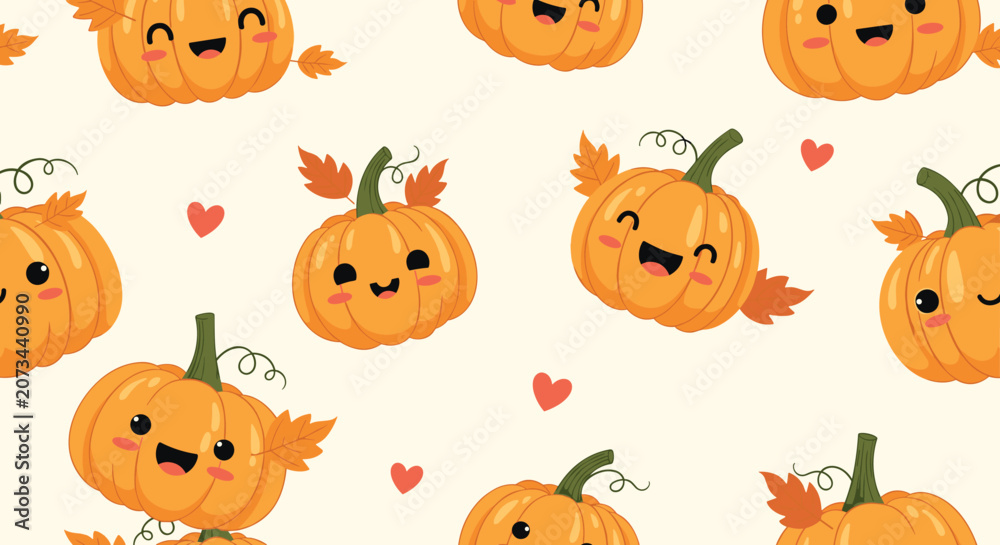 Fototapeta premium Adorable seamless pattern featuring smiling orange pumpkins with autumn leaves and floating hearts on a warm cream background.