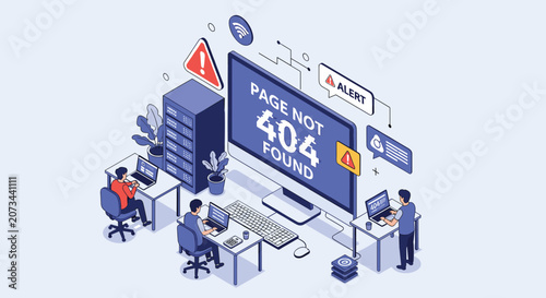 Isometric scene showing technical support team troubleshooting system server 404 page not found error website.