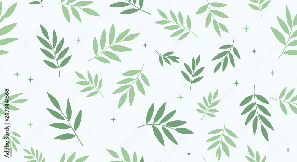 Fototapeta premium Simple and modern pattern of green leafy branches and tiny stars distributed over a light blue background for natural aesthetic designs.