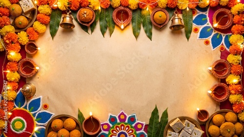 Diwali Festival Background with Traditional Oil Lamps, Flowers, Sweets and Rangoli Frame