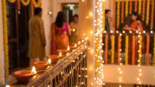 Traditional Indian Oil Lamps Lit for Diwali Festival Celebration at Home