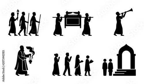 Religious Procession Icons, Sacred Ceremony Silhouettes, Worship Group Vector Set