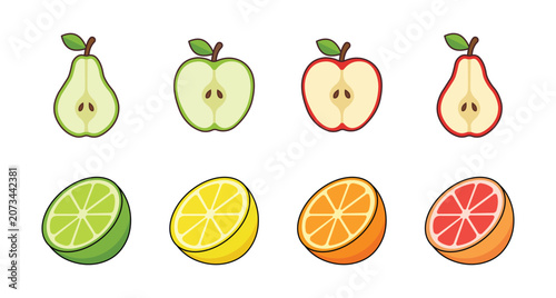 Photos assorted fresh sliced fruits apples pears citrus lemon orange grapefruit healthy