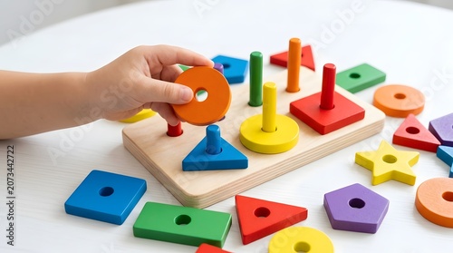 Toddler playing with educational wooden shape sorter toy box at home. Child's hand playing with colorful wooden shape sorter toy on white surface