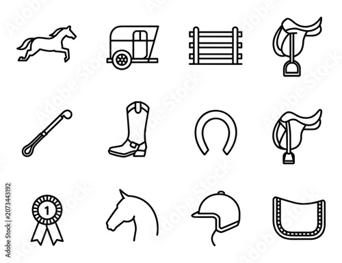 Cuadro en lienzo Equestrian Icons Collection: A set of twelve outline icons representing the world of horses and riding