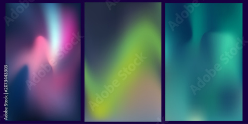 Set of three vertical abstract backgrounds with smooth, flowing gradients in vibrant pink, blue, lime green, and deep teal color palettes