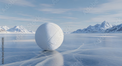Large white sphere on a frozen lake with snowcapped mountains