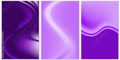 Three vertical panels featuring abstract purple gradients with flowing, curved lines and soft light transitions in varying shades of violet