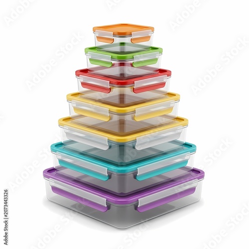 Stack of seven square, transparent plastic food storage containers with colorful snap-lock lids, isolated on a white background