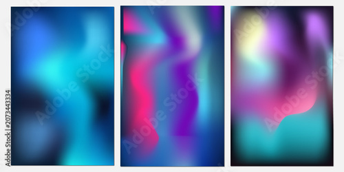 Three vertical abstract backgrounds with smooth, flowing gradients in blue, purple, pink, and cyan colors, soft light blending effects