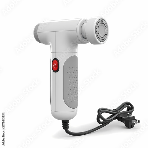 White handheld electric percussion massage gun with a grey textured grip, red power button, and a black power cord on a white background