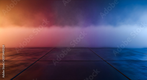 Vibrant colorful foggy atmosphere on a dark tiled floor scene