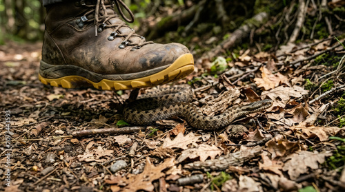 Hiker tread dangerously close to a viper snake on a forest trail. Human boot near a venomous reptile. Concept of wildlife danger, outdoor caution, and accidental encounter in nature.