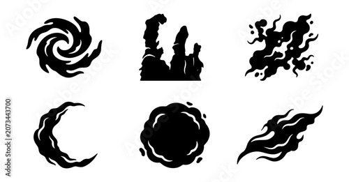 Black smoke and dust cloud vector effects, abstract dark gas and explosion elements, dynamic cartoon fire and wind swirl illustrations for game design