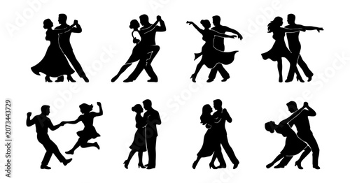 Dynamic ballroom dance silhouettes, elegant couple dancing vector set, romantic partner dance poses, expressive movement illustration for event promotion.