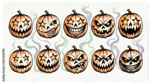 Schilderij op canvas Collection of cartoon halloween pumpkins with spooky faces and smoke effects