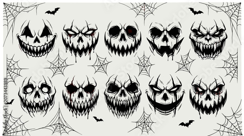 Tableau sur toile Collection of spooky halloween skulls with menacing expressions and spider webs
