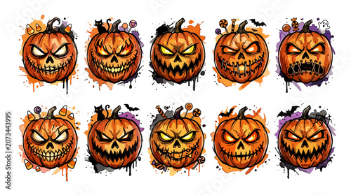 Collection of cartoon halloween pumpkins with various facial expressions and decorative elements