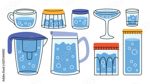 Set of illustrations of glass and plastic dishes with lids filled with liquid in a cartoon style. Cute stickers of various jars, glasses, containers, shakers, decanters, shot glasses, wine glasses.