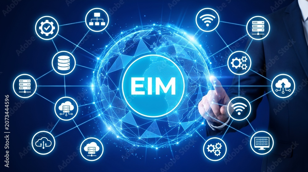 Fototapeta premium EIM Enterprise Information Management, Global Network Integration System with Cloud Database and IoT Connectivity