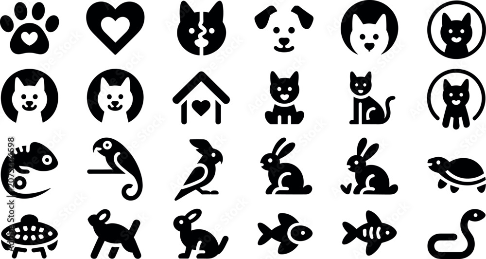 Fototapeta premium Set of black silhouette icons representing various domestic pets including dogs, cats, birds, rabbits, reptiles, and fish
