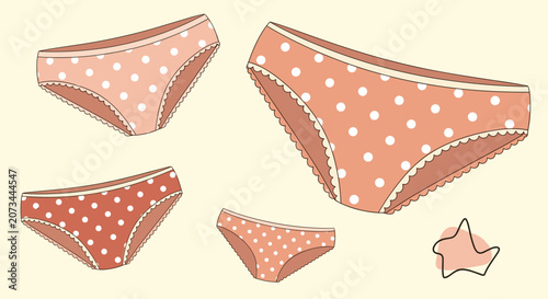 Four different styles and colors of women's panties featuring a classic white polka dot pattern on a soft yellow background for catalog design.