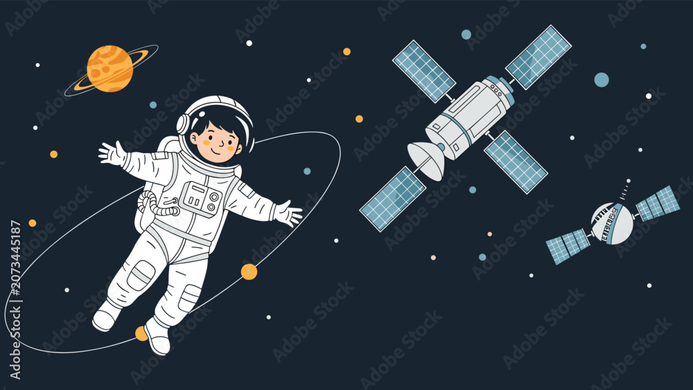 Naklejka premium Cartoon astronaut floating in outer space near orbiting satellites and Saturn-like planet with stars.