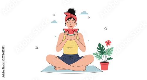 Young woman sitting in a lotus yoga position eating a slice of fresh watermelon with a potted plant in the background for health.
