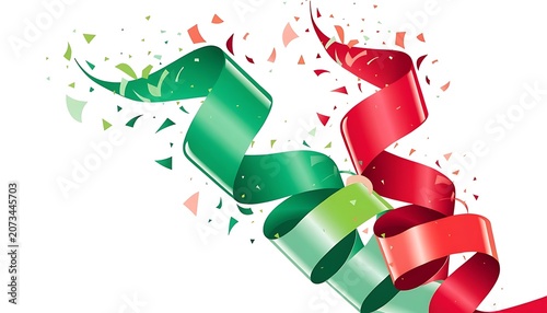 Festive green and red swirling ribbons with falling colorful confetti isolated on white background