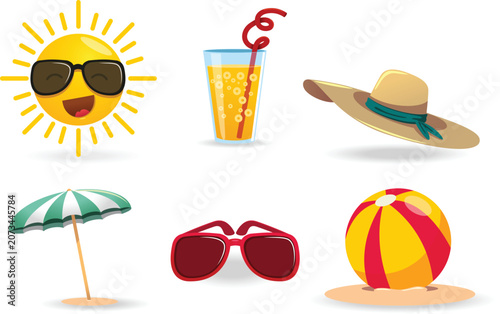 Cute Summer Beach Holiday Elements Set with Cartoon Smiling Sun Fresh Juice Straw Hat Sunglasses Beach Umbrella and Striped Ball Vector Illustration