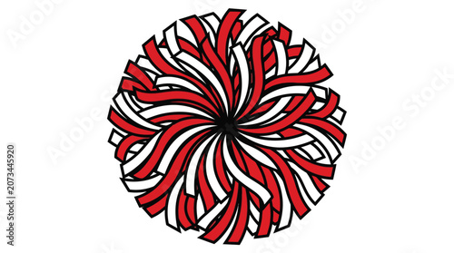 A vibrant red and white cheerleader pom pom made of layered strips in circular motion