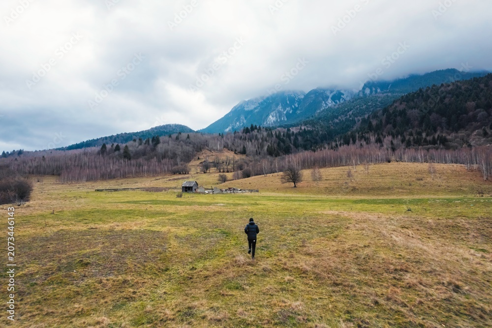 Obraz premium A lone traveler walks through a vast, peaceful meadow, framed by majestic mountains and a moody sky. This scene captures the essence of solitude, nature's beauty, and the journey of self-discovery