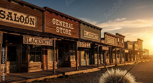 Scenic Wild West Town Main Street Featuring Rustic Wooden Saloon and General Store Buildings at Sunset