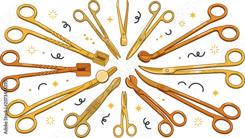 Foto Vintage golden candle trimmers vector illustration set with ornate scissors, wic
