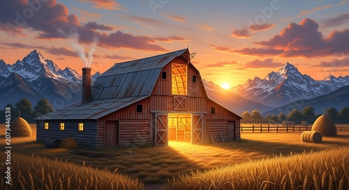 An idyllic rural landscape where a historic red barn basks in the warm, golden glow of a breathtaking sunset, framed by majestic mountains and a tranquil countryside