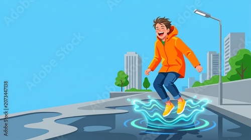 Boy jumping over urban river overflow covering walkways in city  