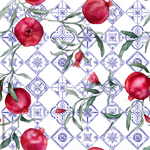 Seamless pattern of Portuguese azulejo tiles and Pomegranate branche. Blue Mediterranean, Spanish ceramic traditions. Hand drawn watercolor illustration with tropical fruit branch with green leaves