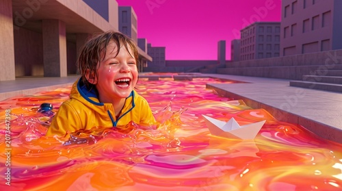 Happy boy swimming in colorful water in urban setting at sunset  
