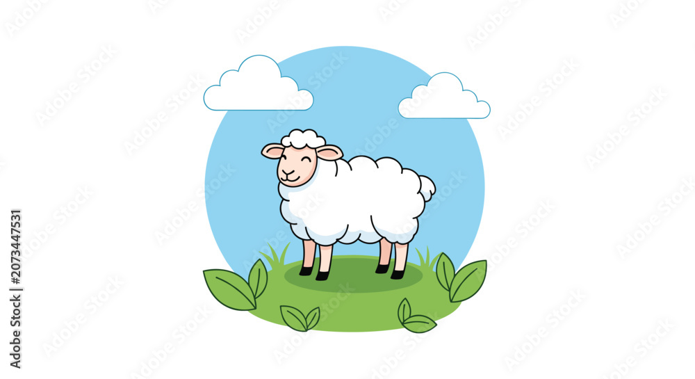 Obraz premium Sweet white sheep standing in a green meadow with small flowers under a blue sky with fluffy white clouds in a circular illustration.