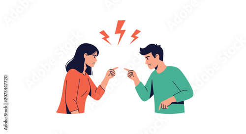Man and woman pointing fingers and arguing with each other while lightning symbols appear between them to show conflict.