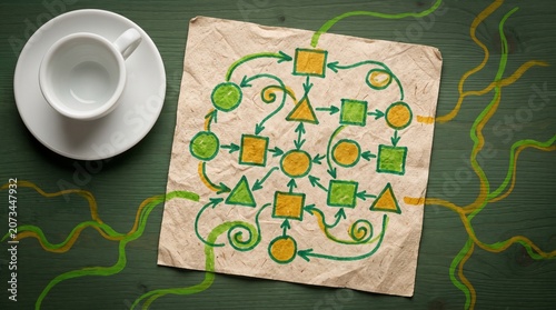 Doodle of flowchart on napkin with coffee cup on wooden table  
