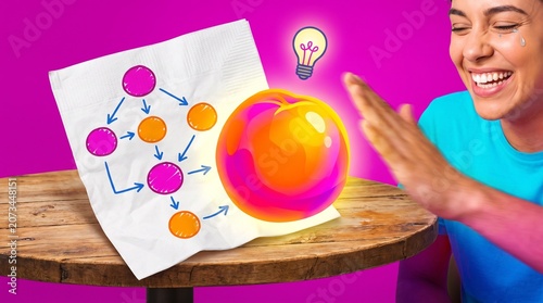 Young woman interacting with colorful flowchart doodle on napkin  