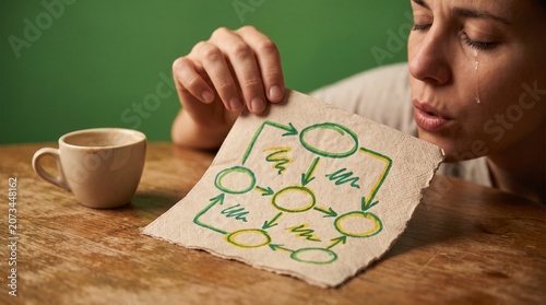 Woman holding doodle of flowchart on napkin near coffee cup  