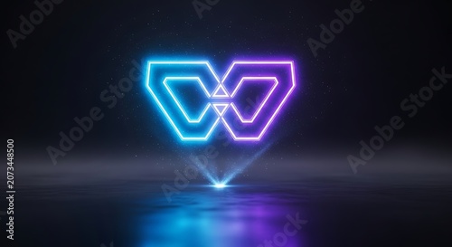 Abstract Floating Neon Geometric Symbol Glowing in Blue and Purple on Dark Reflective Background