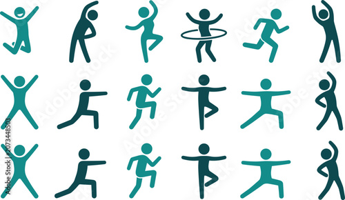 Canvastavla Stick figure fitness icon set featuring people jumping running stretching and practicing yoga poses flat vector design