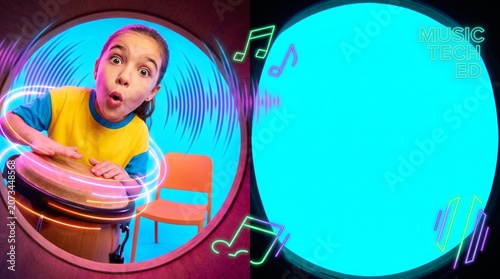 Girl with conga drums in music class looking surprised and excited  