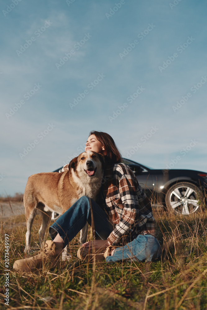 Fototapeta premium Dog, woman, outdoors, field, companionship, nature, bond, pet, animal, leisure, landscape, sunlight, grass, calm, together, moment, warmth, comfort, countryside, scenic, rural, happiness, serenity,